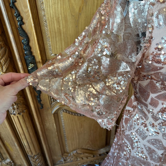 DONNA MORGAN Camilla Sequin Flutter Sleeve Gown OYSTER 10 Sequin Rose Gold - Picture 9 of 16